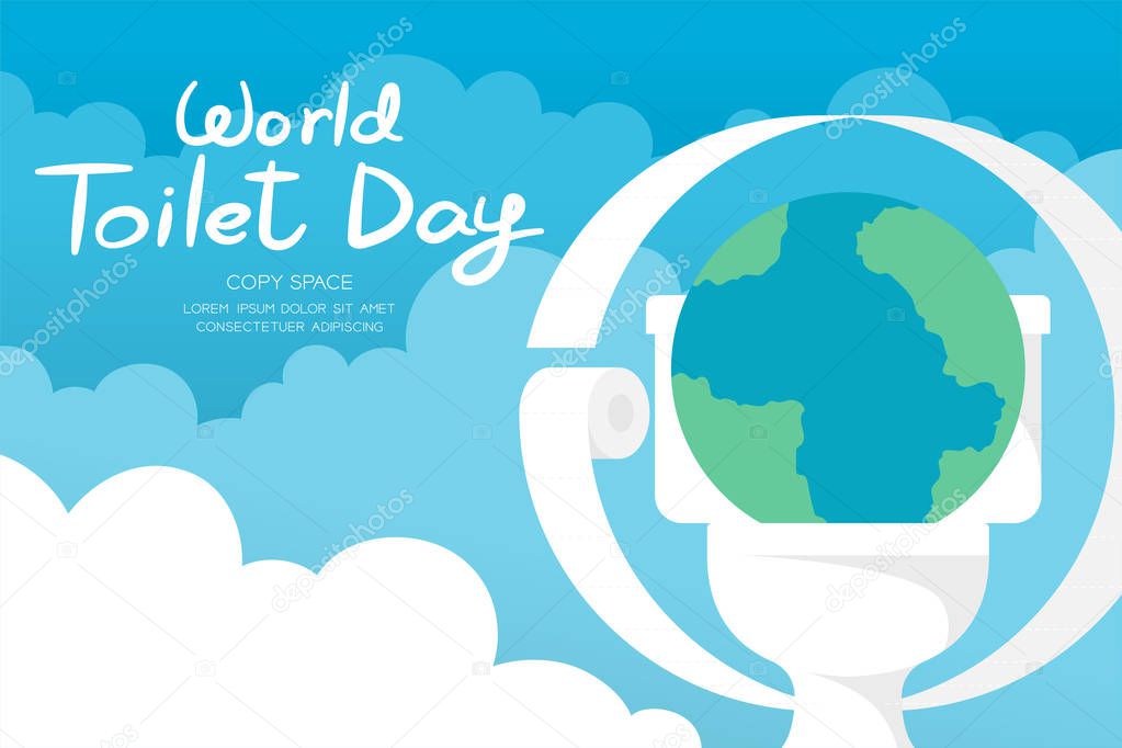 World toilet day 19 November horizon Banner set, Sanitary problem concept earth with flush toilet illustration on sky and cloud background with copy space, vector eps 10