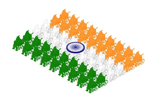Изометрические Инвалид Человек Инвалидной Коляской Пиктограмма Ряд Индия Национального Флага — стоковый вектор