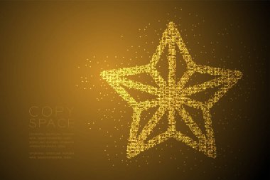 Soyut geometrik Bokeh daire nokta piksel deseni Noel yıldız şekli, mutlu yeni yıl kutlama konsept tasarım altın rengi illüstrasyon izole kahverengi degrade arka plan kopya alanı ile vektör
