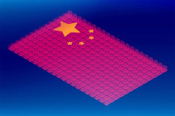 Isometrische Kubus Vak Transparantie China Nationale Vlag Vorm Blockchain Cryptocurrency — Stockvector
