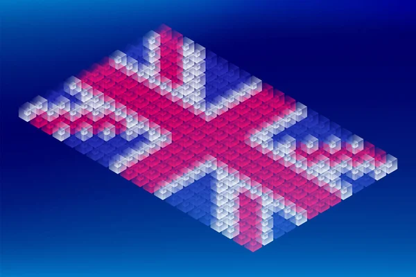等尺性キューブ ボックスの透明度 イギリス国旗形状 青いグラデーションの背景 編集可能なストロークに分離された Blockchain Cryptocurrency コンセプト設計図 — ストックベクタ