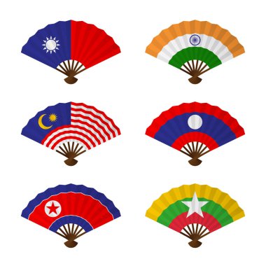 Fan veya el fan ulusal bayrak konsept tasarımı katlama Tayvan, Hindistan, Malezya, Laos, Kuzey Kore ve beyaz arka plan üzerinde izole Myanmar ayarla