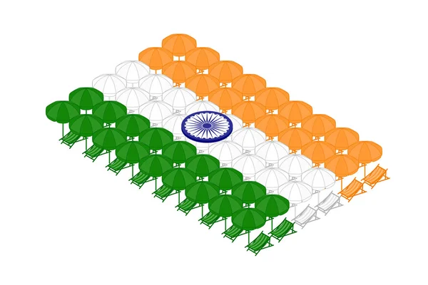 白い背景に 編集可能なストロークに分離した概念設計図等尺性ビーチや行の傘とデッキチェア インド国旗の形します — ストックベクタ