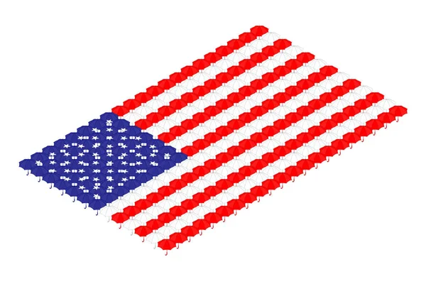 等距伞图标在行 美国国旗形状概念设计插图隔离在白色背景 可编辑笔画 — 图库矢量图片