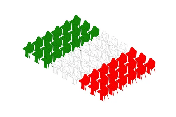 等距人图标和学校椅子与书写板象形文字在一排 意大利国旗形状概念设计插图隔离在白色背景 — 图库矢量图片