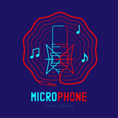 Retro mikrofon logo simge anahat kontur dalga çerçevelemek--dan kablo çizgi çizgi tasarım illüstrasyon mikrofon metin ve kopya alanı, vektör eps 10 koyu mavi zemin üzerine izole müzik notalı