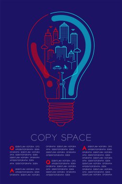 Akkor ampul anahat kontur set çizgi çizgi, şehir güç tasarrufu konsept illüstrasyon kızdırma mavi degrade arka planda izole
