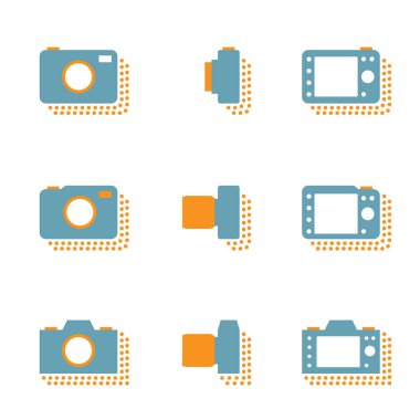Kamera simgeler nokta gölgeli, aynasızlar ve kompakt illüstrasyon siluet düz tasarımı mavi ve turuncu renk beyaz arka plan üzerinde vektör eps10 izole ayarla.