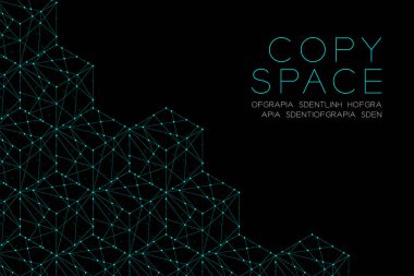 Küp kutusu izometrik desen illüstrasyon mavi yeşil rengi, nokta anahattı kontur tasarım kopya alanı ile siyah arka plan üzerine izole