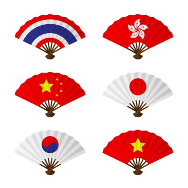 Set var Tayland, hong kong, Çin, Japonya, Kore ve vietnam beyaz arka plan üzerinde izole fan veya el fan Asya bayrak tasarımı katlama