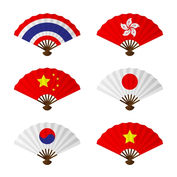 Opvouwbare Fan Hand Azië Vlag Ventilatorontwerp Set Hebben Thailand Hong — Stockvector