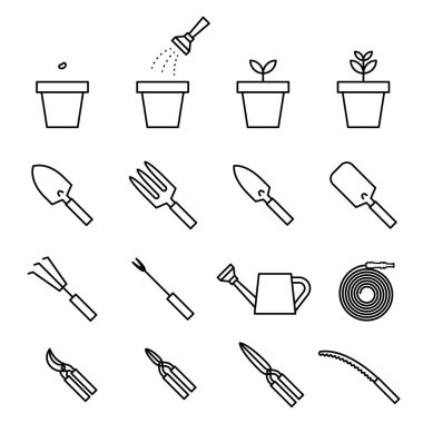 Siyah ve beyaz renk beyaz arka plan üzerinde izole Bahçe aletleri ve bitki Icon set
