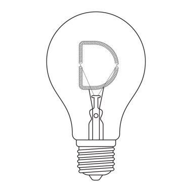 Beyaz arka plan üzerinde izole alfabe akkor ampul ayarla anahat tarzı siyah ve beyaz renkli harf D,