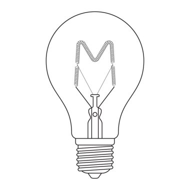 Beyaz arka plan üzerinde izole alfabe akkor ampul ayarla anahat tarzı siyah ve beyaz renkli harf M,