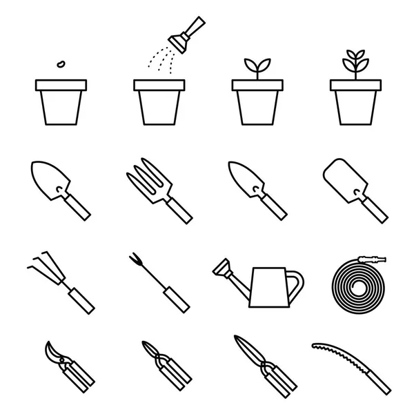 Trädgård Ikonuppsättning Verktyg Och Växt Svart Och Vitt Färgalternativ Isolerad — Stock vektor