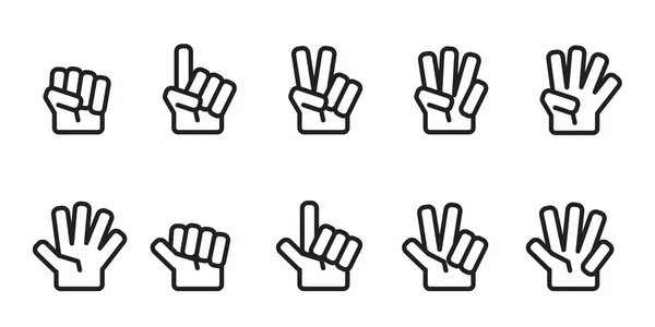 Contar Mano Número Iconos Conjunto Contorno Blanco Negro Color Aislado — Vector de stock