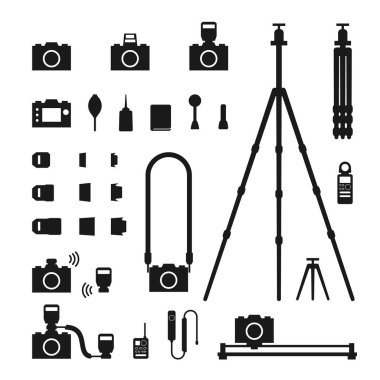 Resimde siyah ve beyaz renk beyaz arka plan üzerinde izole fotoğrafçı aracı siluet simge seti