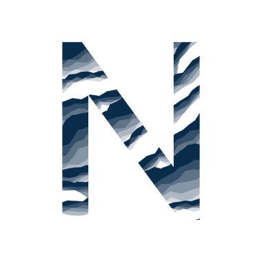 Bir harf N, soyut arka plan mermer, ağaç kabuğu, dağ, beyaz arka plan üzerinde koyu mavi gölge rengi yalıtılmış taş katman kümesi