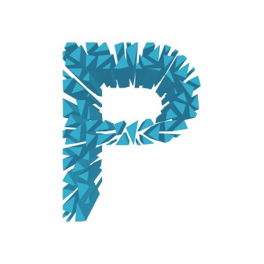 Harf P, kırık alfabe 3d perspektif içinde beyaz arka plan üzerinde izole mavi renk ayarla.