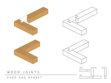 Ahşap ortak türünü küme Dado ve Rabbet tarzı, perspektif 3d üst ön yüzü ve beyaz arka plan üzerinde izole arkadan görünüm