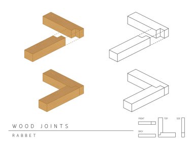 Ahşap ortak türünü küme Rabbet stil, perspektif 3d üst ön yüzü ve beyaz arka plan üzerinde izole arkadan görünüm
