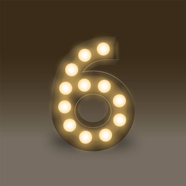 Harf sayı altı veya 6, akkor ampul kutu seti, alfabede ışıltısı içinde koyu arka plan illüstrasyon retro 3d tarzı izole