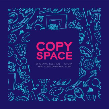 Spor ekipmanları çocuklar çizim set desen arka planda kare çerçeve illüstrasyon koyu mavi renk zemin, merkezi kopya alanı üzerine izole el