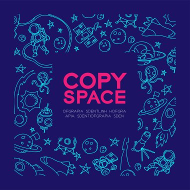 Astronot uzay çocuklara olan el çizim set desen arka planda kare çerçeve illüstrasyon koyu mavi renk zemin, merkezi kopya alanı üzerine izole