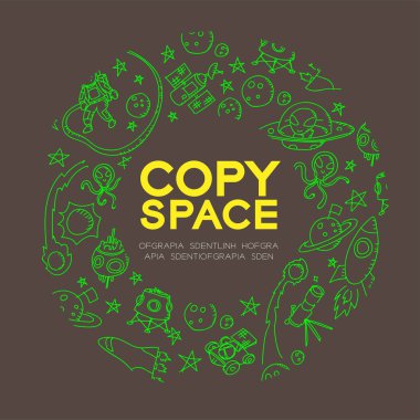 Astronot uzayda el çizim set desen arka planda daire kare illüstrasyon izole kahverengi renk zemin, merkezi kopya alanı üzerine çocuklar