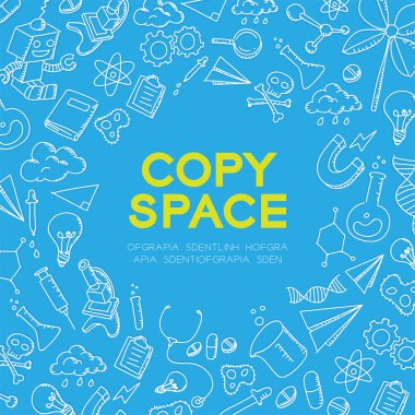 Bilim ekipman çocuklar çizim set desen arka plan illüstrasyon izole merkezi kopya alanı daire şeklinde mavi renk arka plan üzerinde el