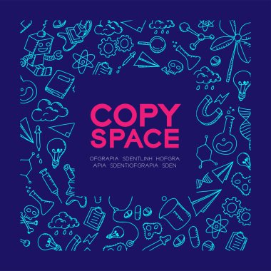 Bilim ekipman çocuklar çizim set desen arka planda kare çerçeve illüstrasyon koyu mavi renk zemin, merkezi kopya alanı üzerine izole el