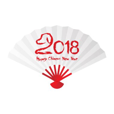 Fan veya el fan mutlu çene yeni yıl 2018 resimde beyaz renk, katlama kopya alanı ile beyaz arka plan üzerinde izole köpek crouch mürekkep Fırça kontur tasarımı kırmızı renk boya 