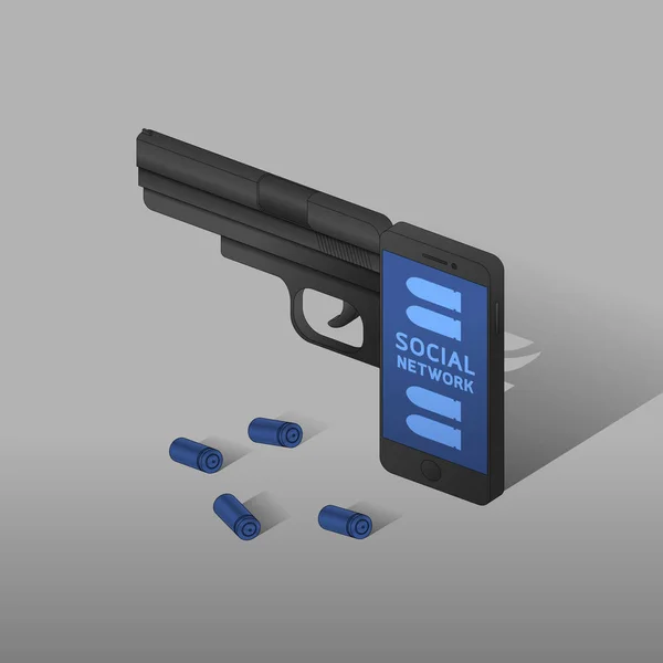 Isometrische Smartphone Waffe Waffe Schwarze Farbe Cyber Kriminalität Sozialen Netzwerken — Stockvektor