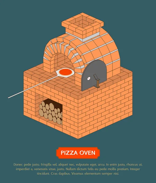 Pizza Oven Made Bricks Baking Pizza Perspective View Blue Background — Stock Vector