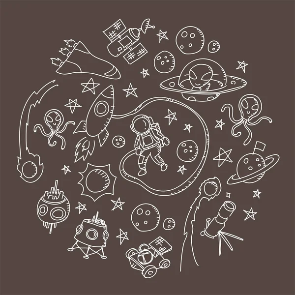 Astronaut Weltraum Kinder Hand Zeichnung Gesetzt Muster Hintergrund Kreis Form — Stockvektor