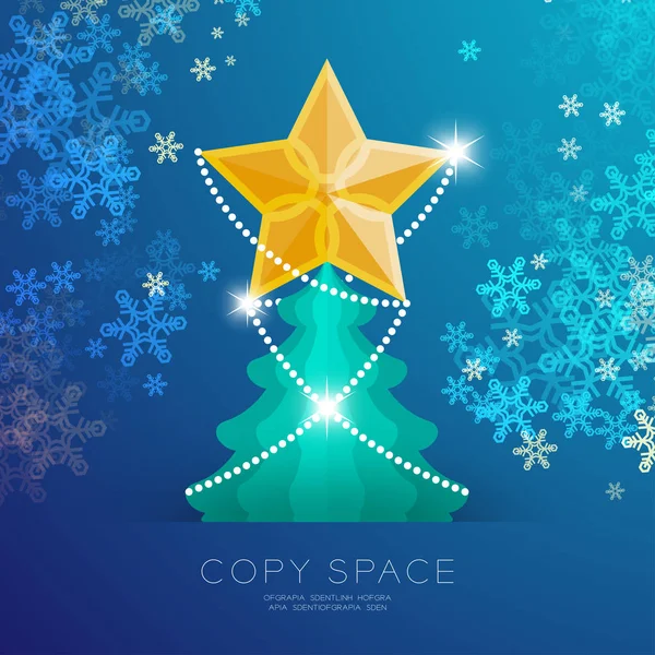 Goldener Stern Mit Muster Und Weihnachtsbaum Mit Schneeflocke Bokeh Licht — Stockvektor