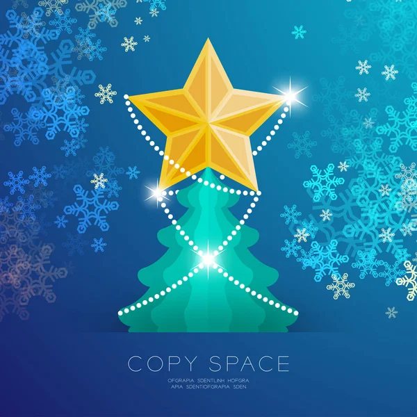 Goldener Stern Mit Muster Und Weihnachtsbaum Mit Schneeflocke Bokeh Licht — Stockvektor