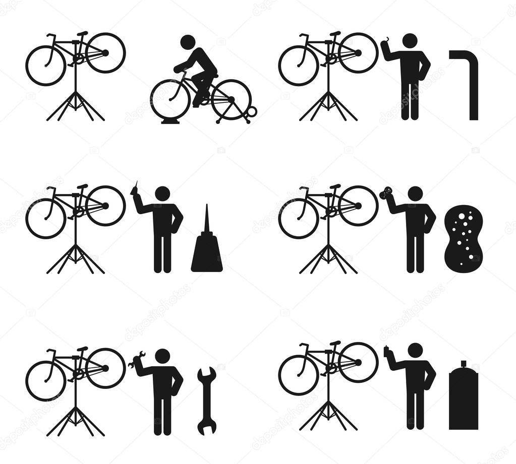 Bicycle man and stand holder service repair icon set illustration pictogram black and white color isolated on white background