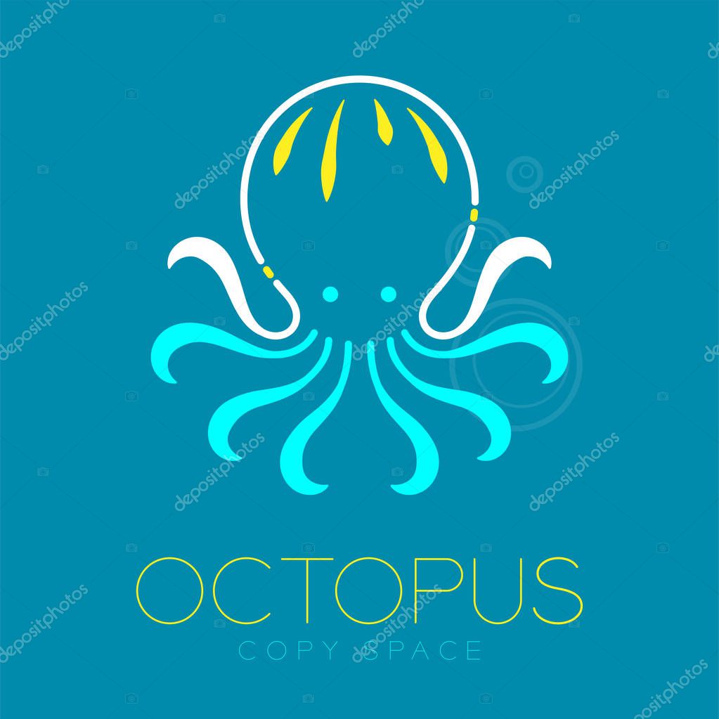 Octopus and Air bubble logo icon outline stroke set dash line design illustration blue white and yellow color isolated on blue background with Octopus text and copy space, vector eps10