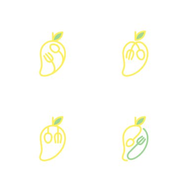 Kaşık ve çatal simgeleri ile mango meyve tasarım illüstrasyon izole sarı renk beyaz zemin üzerine, vektör eps10 ayarla.