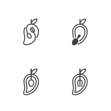 Kaşık ve çatal simgeleri ile mango meyve kontur set tasarımı resimde siyah ve beyaz renk beyaz arka plan üzerinde vektör eps10 izole anahat