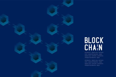 Koyu mavi arka plan ve Blockchain metin kopya alanı, vektör eps 10 ile Blockchain teknoloji 3d izometrik sanal, sistemi çevrimdışı konsept tasarım illüstrasyon izole