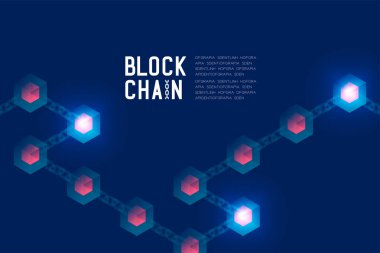 Koyu mavi arka plan ve Blockchain metin kopya alanı, vektör eps 10 ile Blockchain teknoloji 3d izometrik sanal, sistem çevrimiçi konsept tasarım illüstrasyon izole