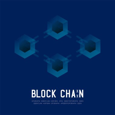 Koyu mavi arka plan ve Blockchain metin kopya alanı, vektör eps 10 ile Blockchain teknoloji 3d izometrik sanal, sistemi çevrimdışı konsept tasarım illüstrasyon izole