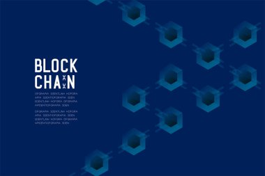 Koyu mavi arka plan ve Blockchain metin kopya alanı, vektör eps 10 ile Blockchain teknoloji 3d izometrik sanal, sistemi çevrimdışı konsept tasarım illüstrasyon izole