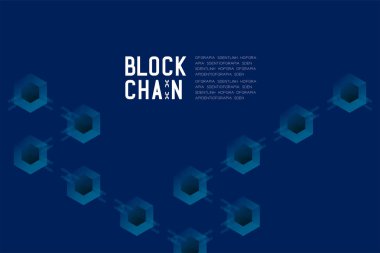 Koyu mavi arka plan ve Blockchain metin kopya alanı, vektör eps 10 ile Blockchain teknoloji 3d izometrik sanal, sistemi çevrimdışı konsept tasarım illüstrasyon izole