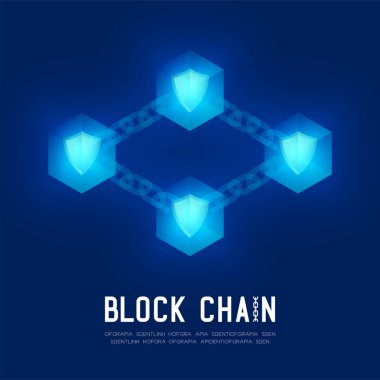 Blockchain teknoloji 3d izometrik sanal, güvenlik sistemi kavramı koyu mavi arka plan ve Blockchain metin ile kopya alanı, vektör eps 10 izole tasarlamak