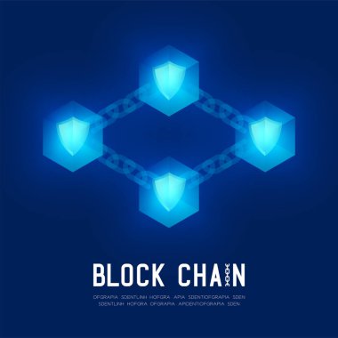 Blockchain technology 3D isometric virtual, Safety system concept design illustration isolated on dark blue background and Blockchain Text with copy space, vector eps 10 clipart