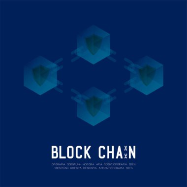 Koyu mavi arka plan ve Blockchain metin kopya alanı, vektör eps 10 ile Blockchain teknoloji 3d izometrik sanal, güvenli olmayan sistem konsept tasarım illüstrasyon izole