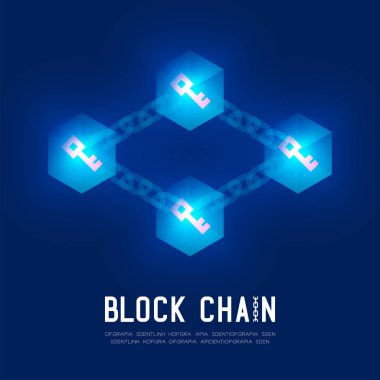 Blockchain teknoloji 3d izometrik sanal, oturum açma sistemi kavramı koyu mavi arka plan ve Blockchain metin ile kopya alanı, vektör eps 10 izole tasarlamak